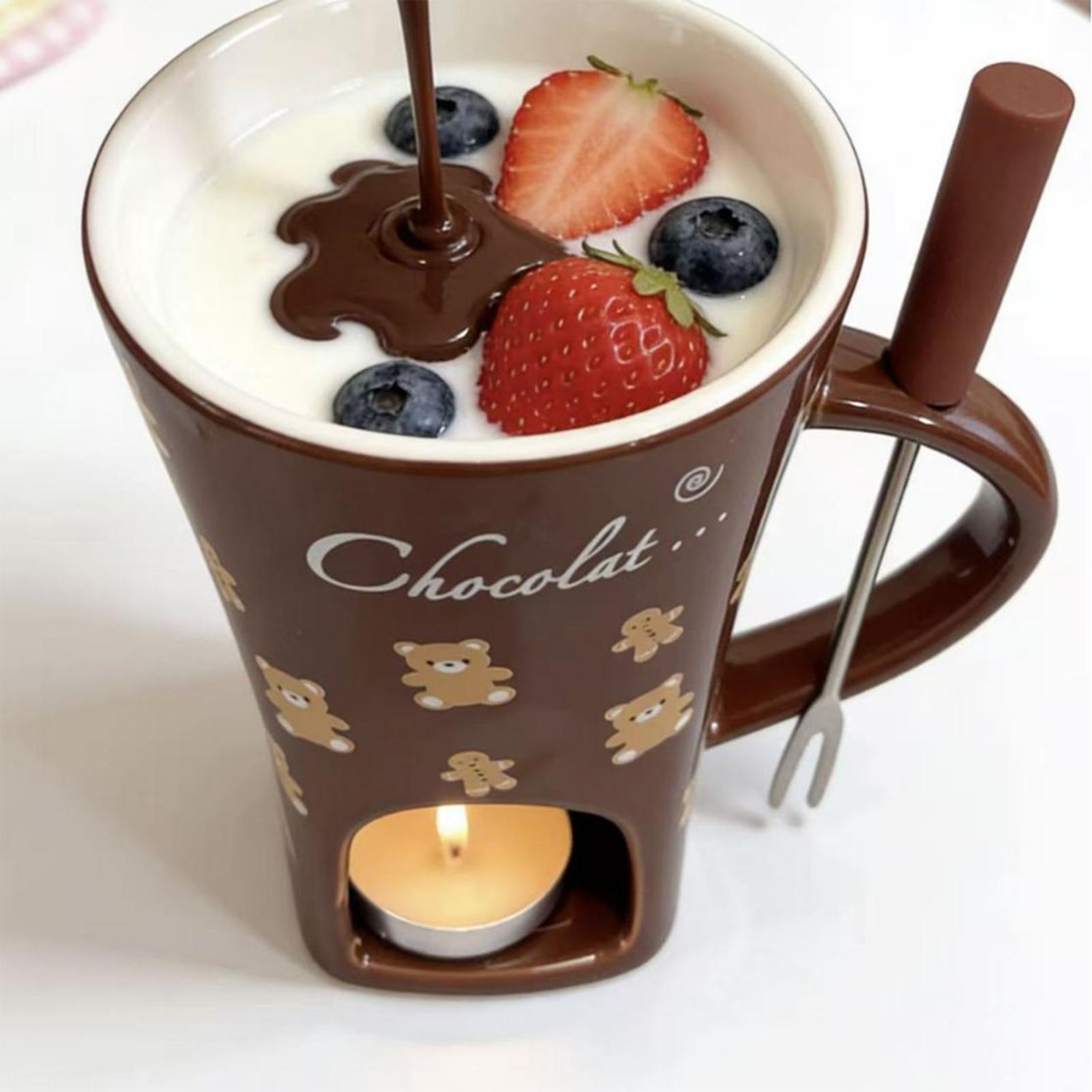 Fondue Pot Ceramic - แก้วเซรามิกสำหรับละลายช็อกโกแลตขนาด 130 มล. พร้อมส้อม สำหรับงานวันเกิด งานเลี้ยงสังสรรค์
