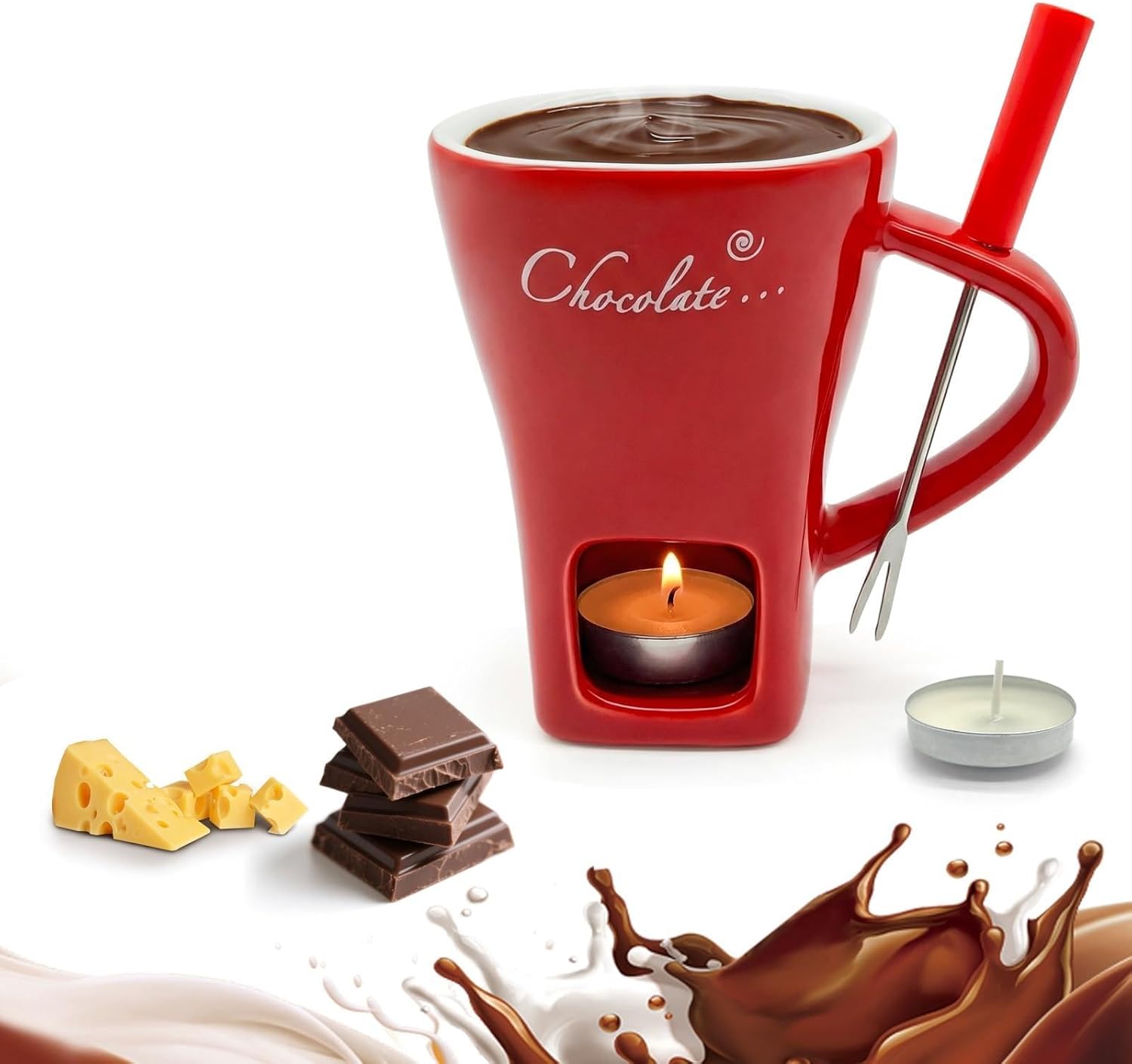 Fondue Pot Ceramic - แก้วเซรามิกสำหรับละลายช็อกโกแลต หม้ออุ่นเนย อุปกรณ์ละลายช็อกโกแลต พร้อมส้อม สำหรับใช้ในครัวเรือน ของขวัญสำหรับทำขนม