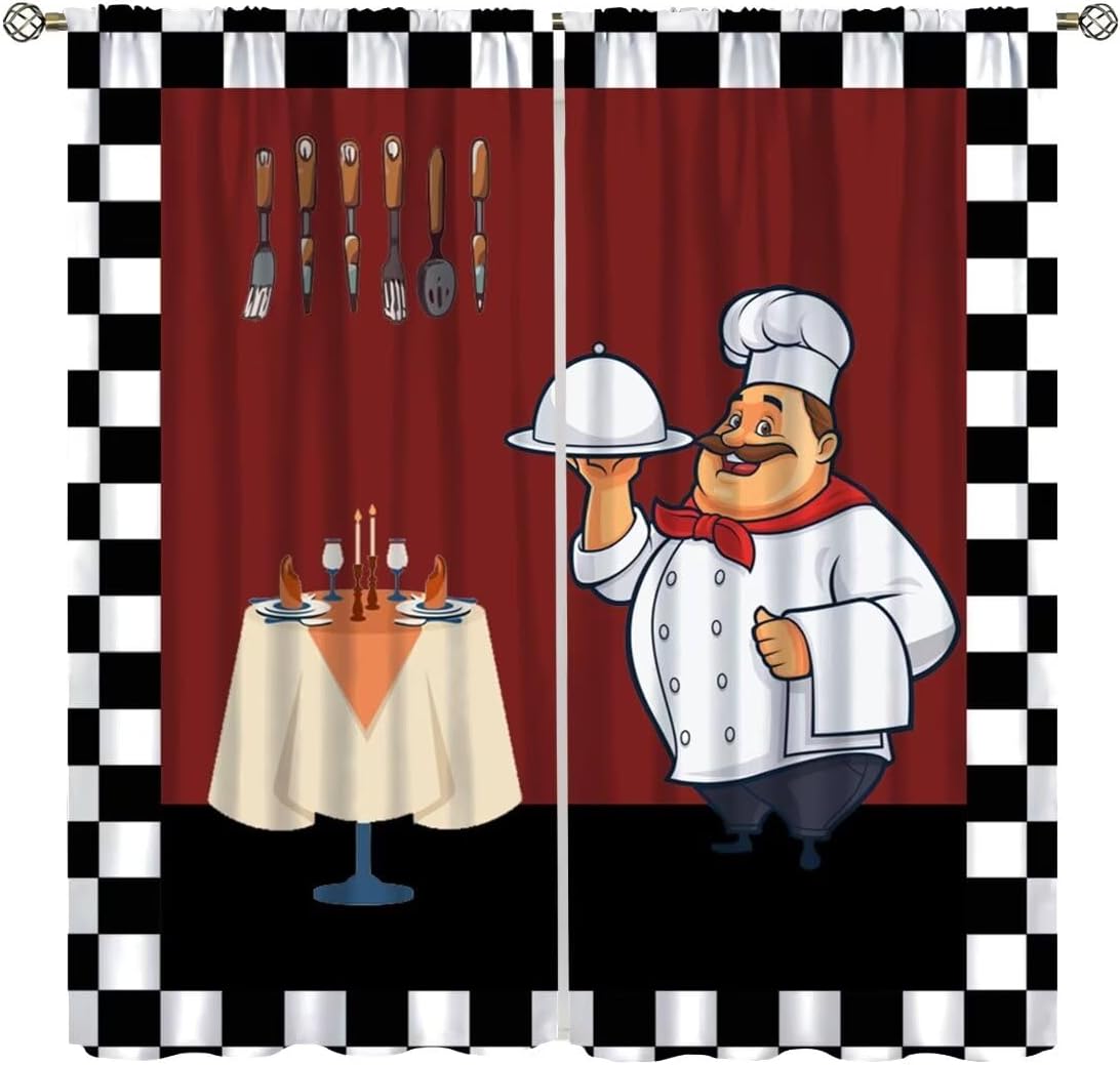 Home Cooking Youtube - ผ้าม่านครัวลายการ์ตูนเชฟอ้วน ลายตารางขาวดำ สำหรับตกแต่งหน้าต่างห้องนอน ห้องนั่งเล่น ห้องครัว