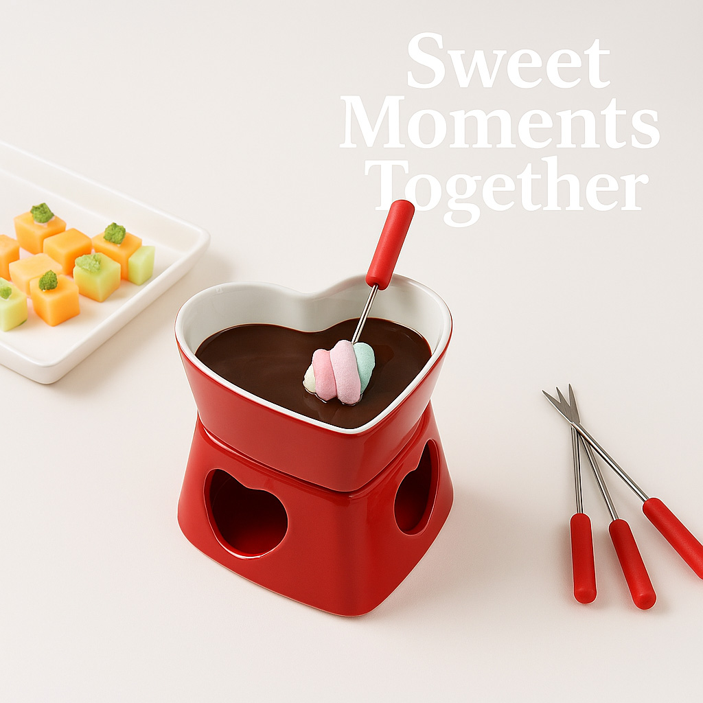 Fondue Pot Ceramic - ชุดหม้อฟองดูเซรามิครูปหัวใจขนาด 320 มล. พร้อมส้อม 4 ด้าม