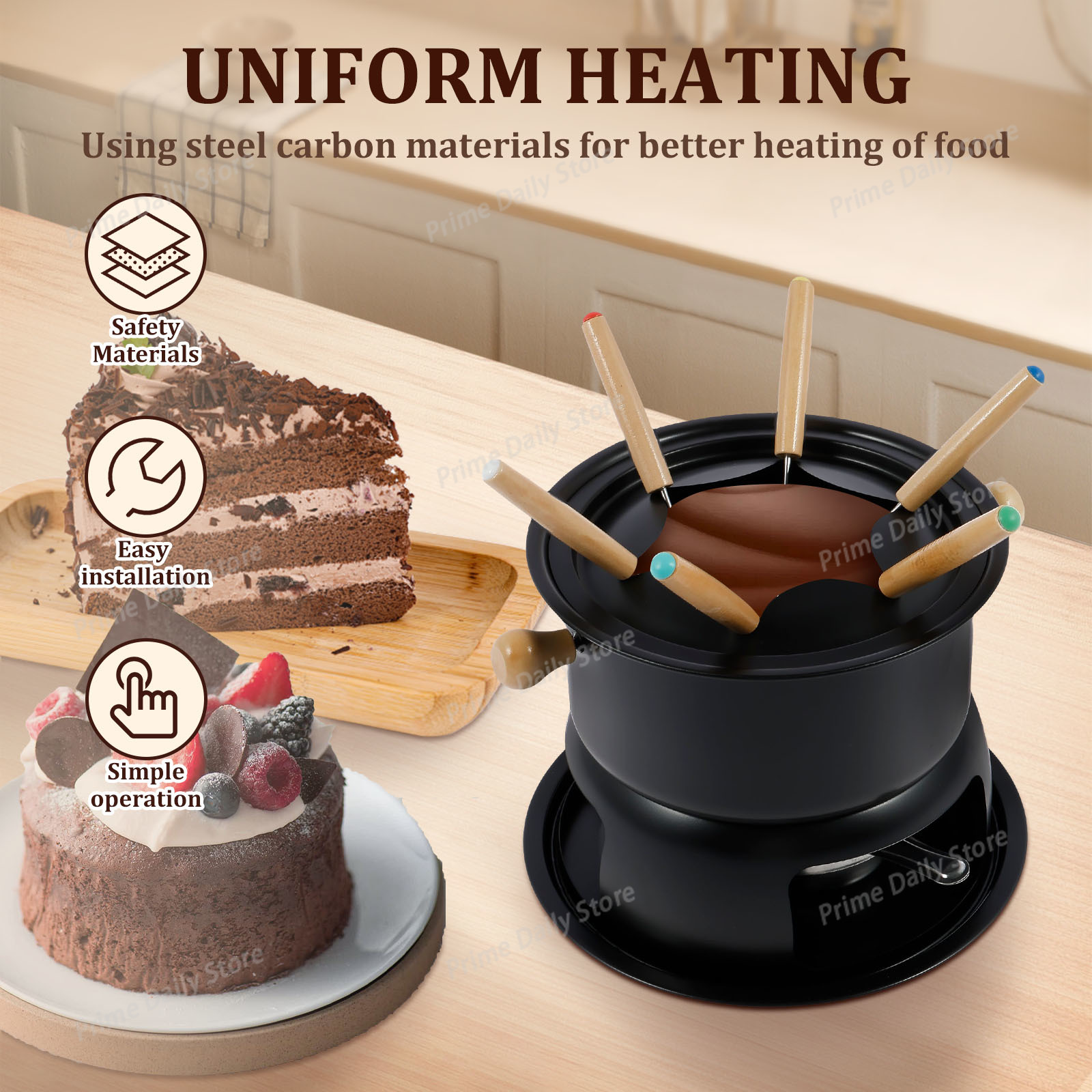Fondue Pot Ceramic - หม้อเซรามิกสำหรับช็อกโกแลตฟองดูพร้อมส้อมและที่อุ่นเทียน, ชามละลายเนยและชีสสำหรับจิ้มซอสขนมหวานและของว่าง