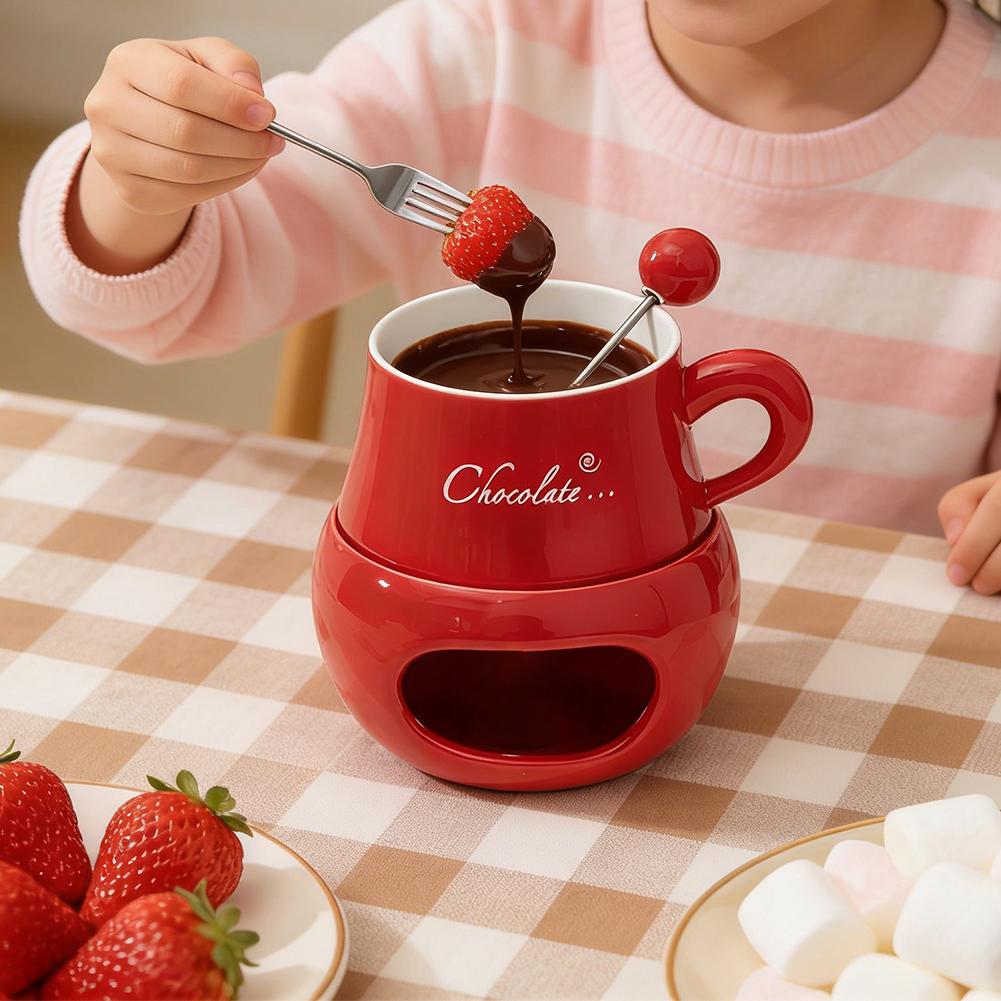 Fondue Pot Ceramic - ถ้วยช็อกโกแลตฟองดู เซรามิกพร้อมส้อม ถ้วยละลายช็อกโกแลตแบบใช้เทียน ถ้วยฟองดูขนาดเล็กสำหรับชีส เนย เตาอุ่น