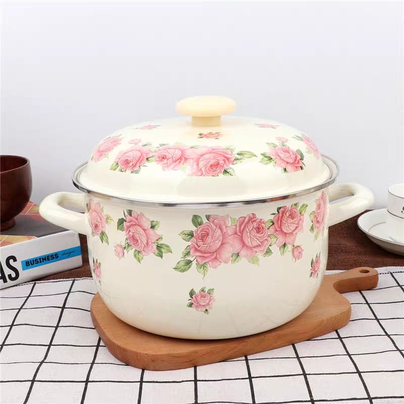 Fondue Pot Ceramic - กระทะสองใบเคลือบดอกกุหลาบสีชมพูอย่างหนา16-24ซม. พร้อมฝาสำหรับทอดหม้อไฟฟองดูสำหรับทำอาหารก๋วยเตี๋ยว