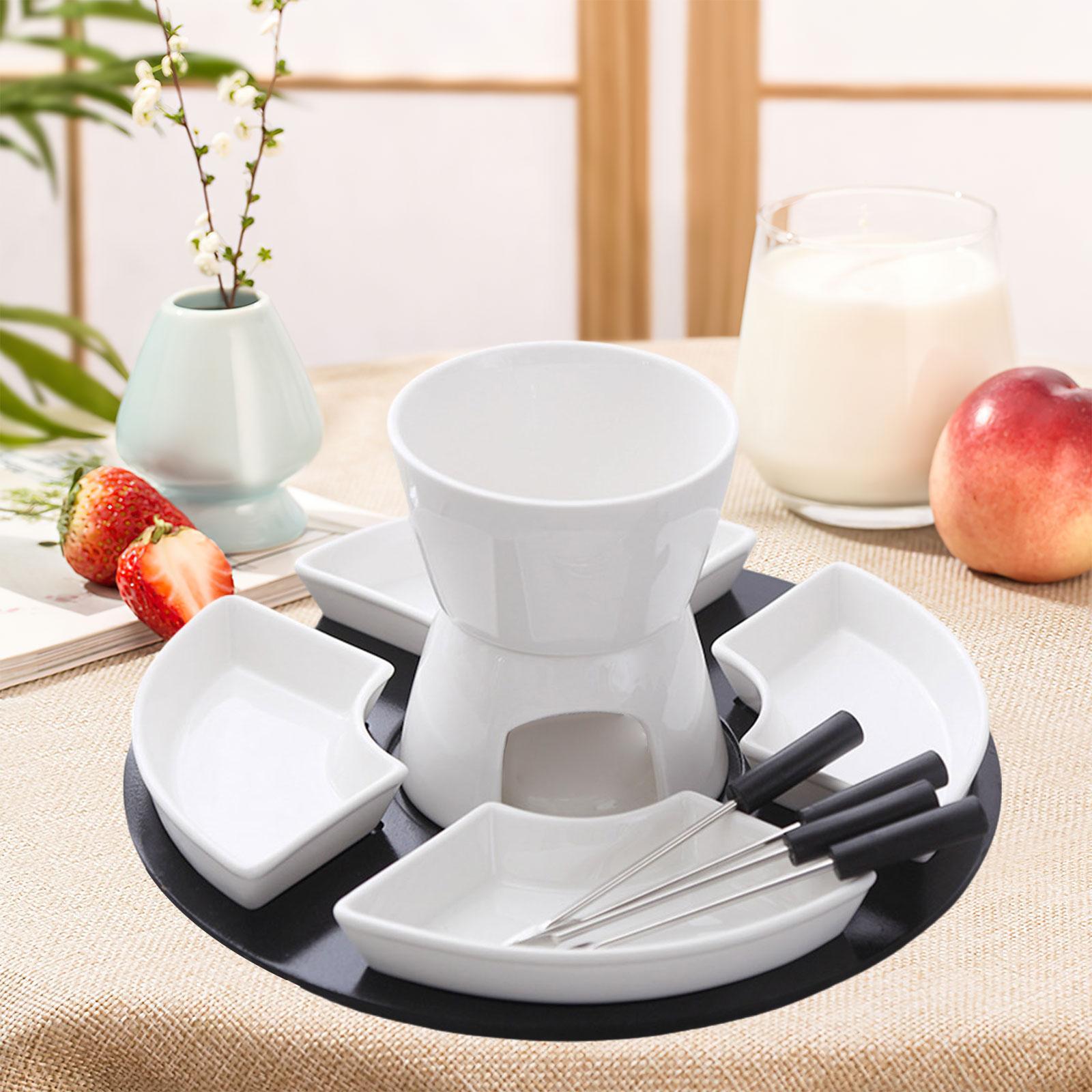 Fondue Pot Ceramic - ชุดเซรามิกสำหรับทำฟองดู พร้อมที่ใส่เนยพอร์ซเลน หม้ออุ่นพร้อมส้อมสำหรับชีส ช็อกโกแลต คาราเมล และของว่างต่างๆ