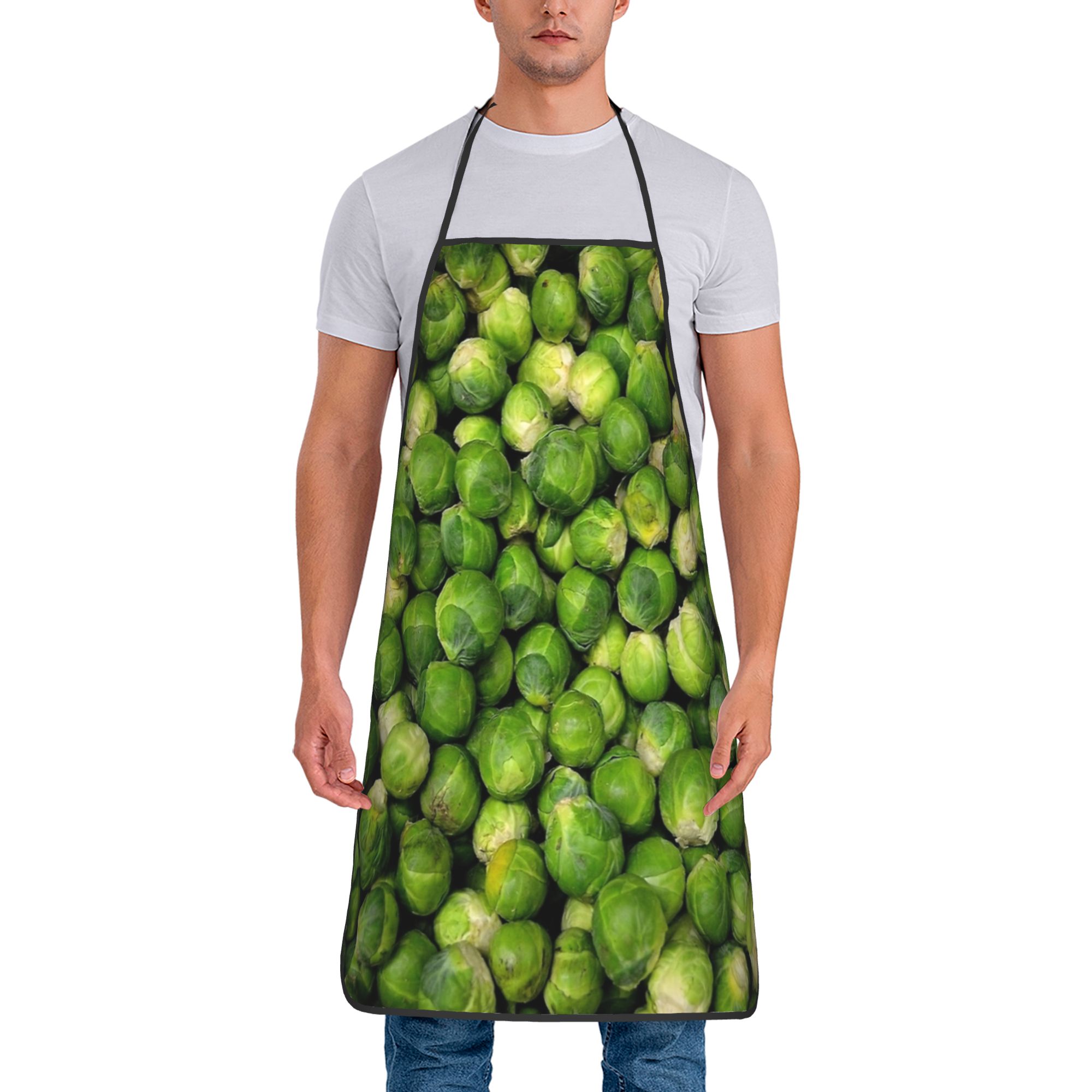 Home Cooking Brussels - ผ้ากันเปื้อนลายต้นบรัสเซลส์ อุปกรณ์ครัวสำหรับช่างตัดผมที่บ้าน ผ้ากันเปื้อนทำอาหารน่ารัก ไม่มีกระเป๋า