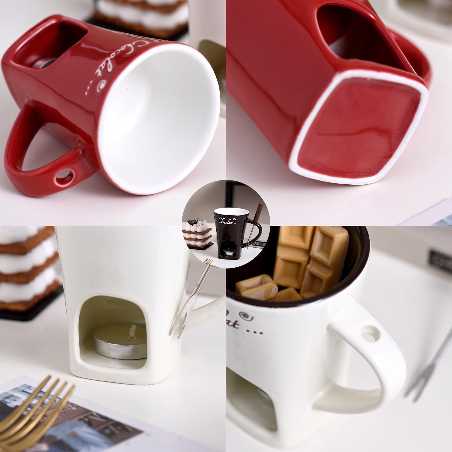 Fondue Pot Ceramic - แก้วเซรามิกสำหรับช็อกโกแลตฟองดู หม้อละลายชีสแบบสร้างสรรค์ เตาอุ่นเนย/ขนมหวาน ทนทาน พร้อมส้อม อุปกรณ์ครัว